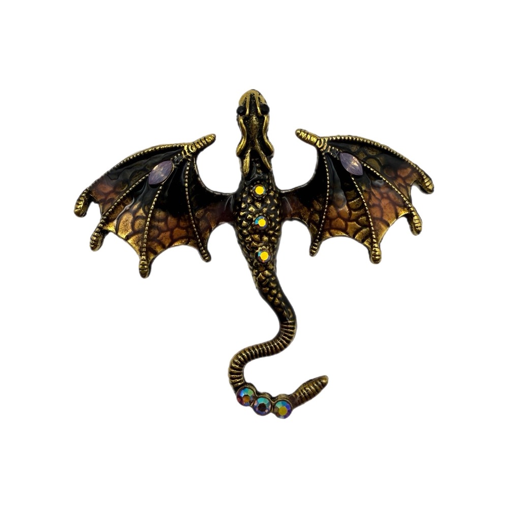 Vintage Style Dragon Brooch Antique Gold Tone Rhinestone Enamel Fantasy Pin